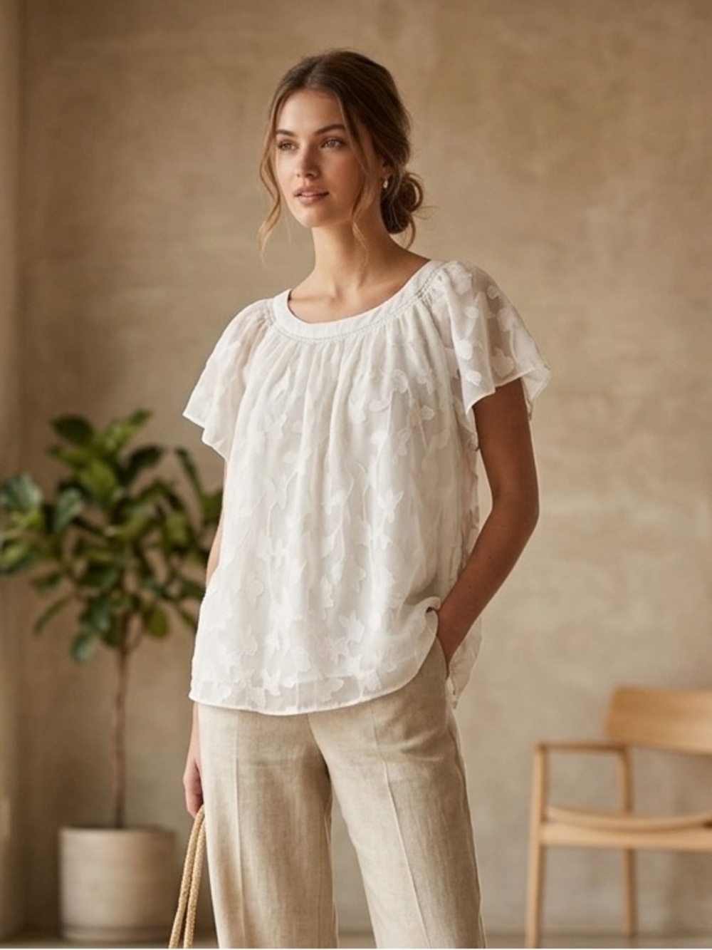 LC Lauren Conrad White Floral Sheer Short-Sleeve Blouse